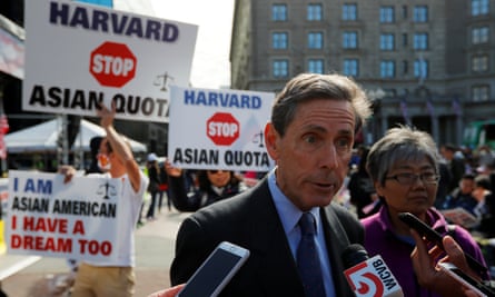 Edward Blum speaks to reporters at a rally in Boston ahead of the start of the trial in Boston, Massachusetts, on 14 October.