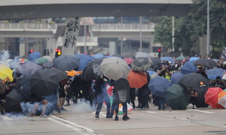 Protesters hold umbrellas as shields during a protest in Hong Kong