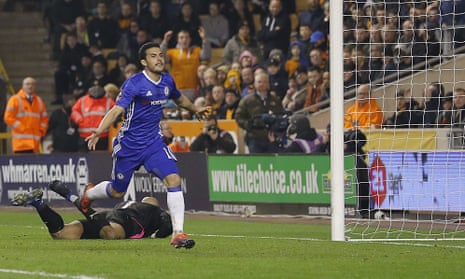 Pedro celebrates scoring the opening goal in Chelsea’s 2-0 FA Cup fifth-round victory over Wolves at Molineux.