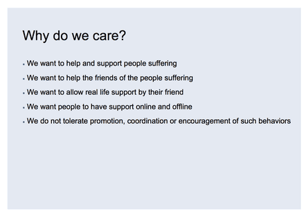 A slide from Facebook’s guidance on self-harm and suicide.