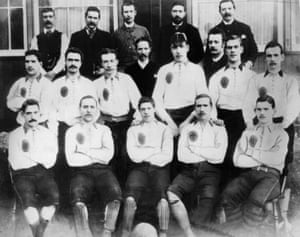 James McLaren (front row second left) and James Kelly, are sporting shin pads in this Celtic team photo ahead of the 1887-88 season.