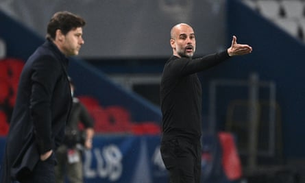 Pep Guardiola (right) instructs his players during their first leg win over Mauricio Pochettino’s Paris Saint-Germain.