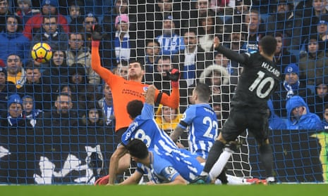 Eden Hazard (right) scores the first goal after three minutes in Chelsea’s victory at Brighton. 