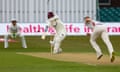 Northamptonshire’s George Bartlett drives Tom Scriven for four through cover against Leicestershire.
