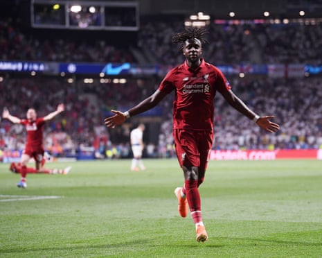 Divock Origi of Liverpool celebrates after scoring in Champions League final against Tottenham in 2019.