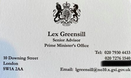 A business card for the financier Lex Greensill from when he worked as an adviser to then prime minister David Cameron.