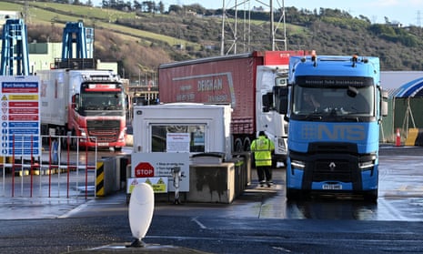 Goods vehicles are checked as they arrive at the port of Larne in Northern Ireland