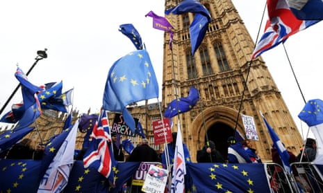 Pro- and anti-Brexit protesters gather outside Westminster, London.