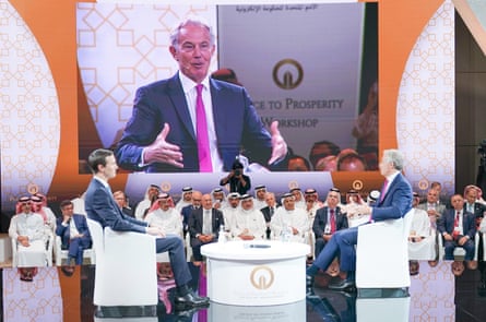 Tony Blair and Jared Kushner attend a US-led workshop in Manama, Bahrain on 26 June 2019.