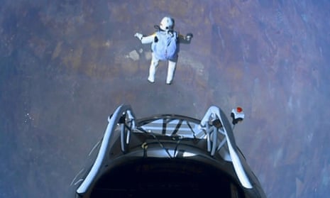 Felix Baumgartner’s skydive, provided by Red Bull Stratos shows pilot Baumgartner of Austria as he jumps out of the capsule during the final manned flight for Red Bull Stratos on Sunday, Oct. 14, 2012