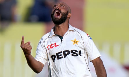 Pakistan’s Sajid Khan reacts after taking his fifth against England.