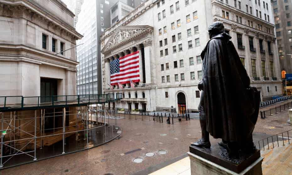 A deserted Wall Street and the New York Stock Exchange.