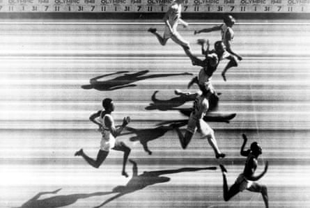 1948 Olympic Games. London, England. men’s 100 Metres Final. Photo-finish. USA’s Harrison Dillard (bottom) about to cross the line to win the gold medal followed by USA’s H. Ewell for silver