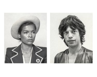 Black and white passport photos of Bianca Jagger and Mick Jagger from 1976