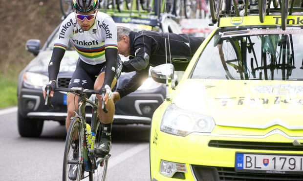 Slovakian cyclist Peter Sagan competes in the Strade Bianche race with unshaven legs.