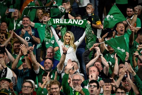 Irish supporters celebrate the victory at the end of the France 2023 Rugby World Cup Pool B match between South Africa and Ireland.