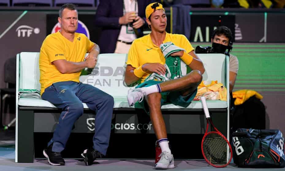 Lleyton Hewitt with Australia’s Alexei Popyrin, during the latter’s Davis Cup Finals loss to Croatia’s Borna Gojo in Turin on Thursday