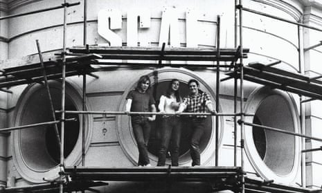 Stephen Woolley, right, and colleagues outside the Scala in Kings Cross in 1981.
