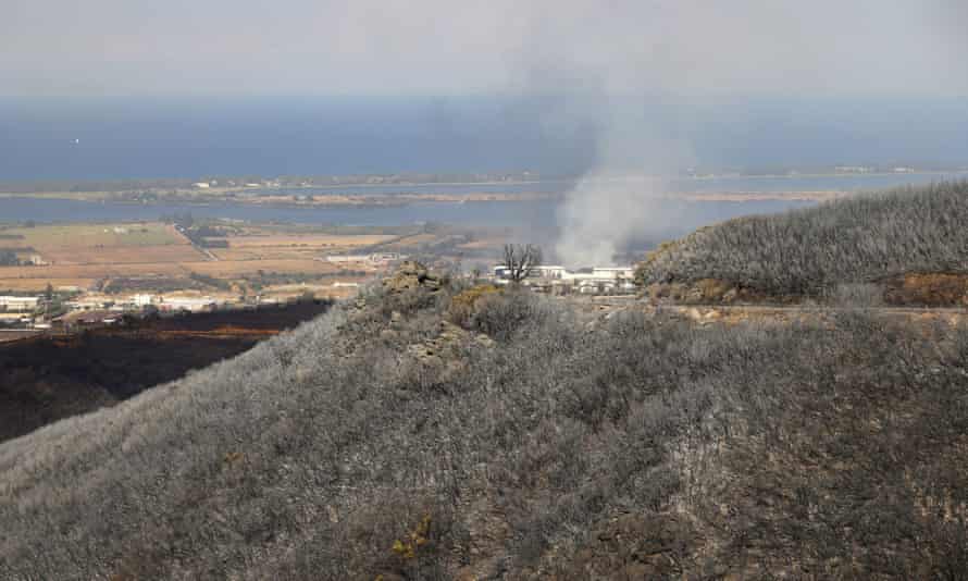 The fire-devastated landscape in Biguglia, on the French Mediterranean island of Corsica.
