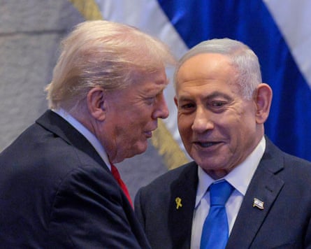 US president Donald Trump with Israel prime minister Benjamin Netanyahu at the Knesset, 13 October 2025.