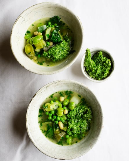 ‘Check the beans for tenderness’: a little stew of flageolet, broad beans and peas.