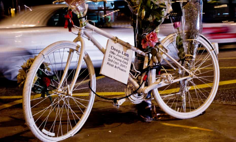 Bicycle memorial with bouquet