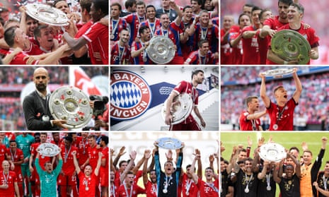 Bayern Munich celebrate their nine consecutive Bundesliga triumphs that started in 2013 (top left).
