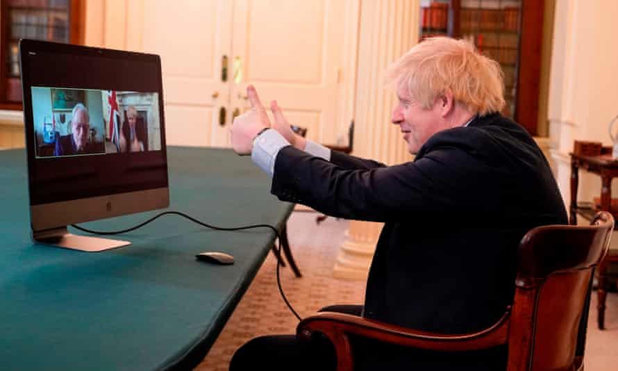 Boris Johnson speaking to 102-year-old war veteran Ernie Horsfall, from the cabinet room inside 10 Downing Street.