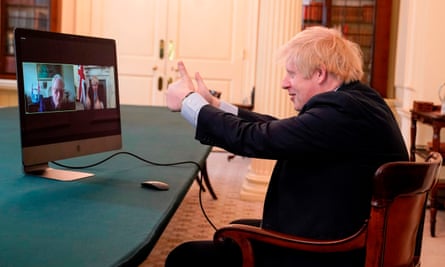 Boris Johnson speaking to 102-year-old war veteran Ernie Horsfall, from the cabinet room inside 10 Downing Street.