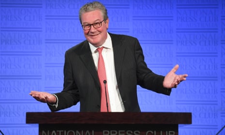 Former Australian high commissioner to the UK Alexander Downer delivers his address to the National Press Club in Canberra on Tuesday, in which he intervened in the British election contest.