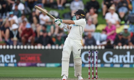 New Zealand's Tom Latham hits out during his impressive innings of 83 on day three of the second Test against England at the Basin Reserve.