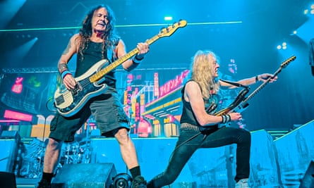 Thunderous punishing basslines … l to r, bassist Steve Harris and guitarist Janick Gers.