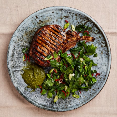 Yotam Ottolenghi’s pork chops with tamarind sauce and herb salad.