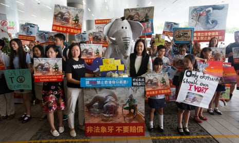 Anti-ivory activists protest outside the legislative council in Hong Kong, China on 6 June 2017. 