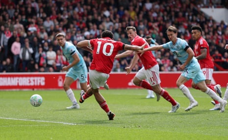 Nottingham Forest's Morgan Gibbs-White scores their first goal.