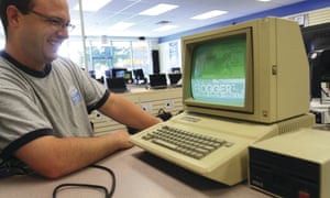 Oct. 6, 2011 - Davenport, Iowa, U.S. - Gabriel Moore, an Apple service manager at Computer Evolution in Davenport, fires up the oldest Apple computer in the store, an Apple IIE manufactured from January 1983 to Feburary 1985. Employees still use it once i<br>CE1JRC Oct. 6, 2011 - Davenport, Iowa, U.S. - Gabriel Moore, an Apple service manager at Computer Evolution in Davenport, fires up the oldest Apple computer in the store, an Apple IIE manufactured from January 1983 to Feburary 1985. Employees still use it once in a while to play the floppy disc game Frogge