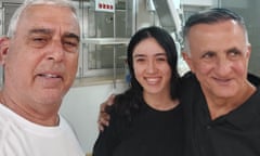 Noa Argamani, a rescued hostage, stands with her father Yakov and a family friend Nir Givon.