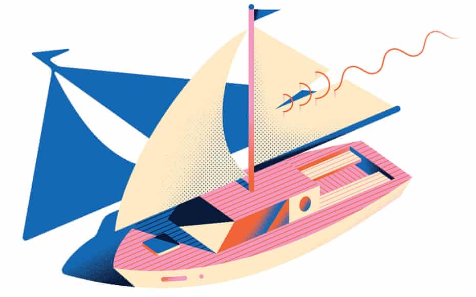Illustration of a boat with sails and a blue shadow