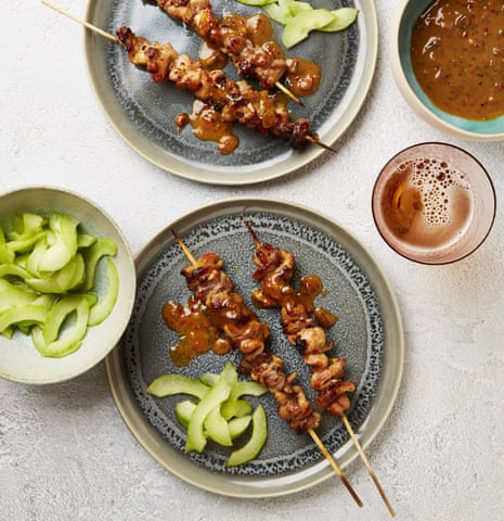 Yotam Ottolenghi’s satay skewers with quick pickled cucumbers.