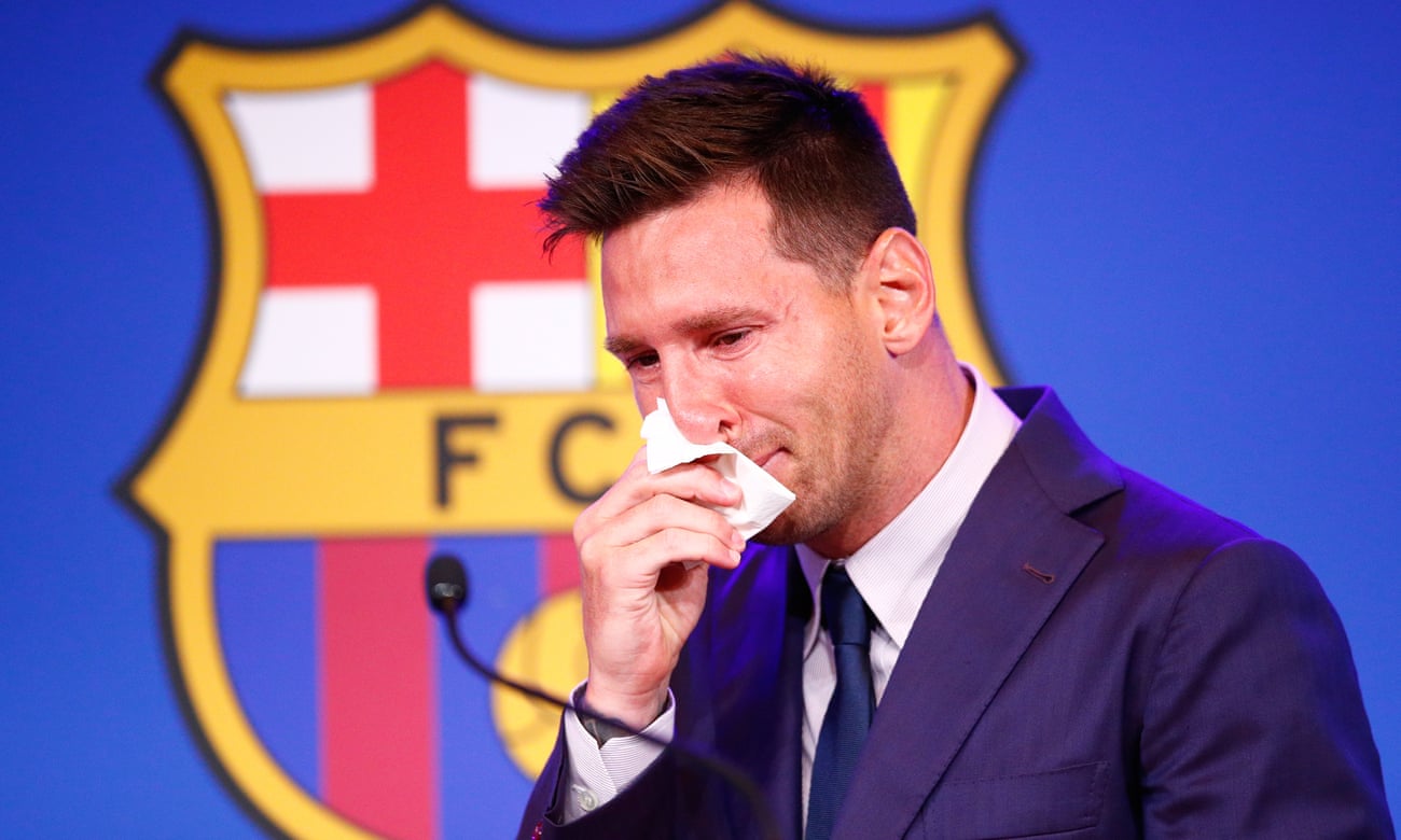 A tearful Lionel Messi faces the media at the Camp Nou on 8 August after his departure from Barcelona had been announced