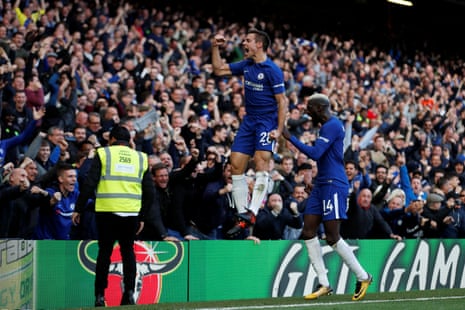 Chelsea’s Cesar Azpilicueta celebrates scoring their third goal with Tiemoue Bakayoko.