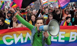 A gay rights activist leads a rally on Labour Day in St Petersburg, where the ban on ‘gay propaganda’ was first introduced.
