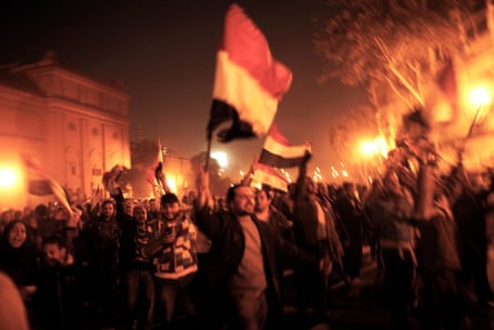 Egyptians celebrate in Tahrir Square hours after the announcement that President Mubarak is stepping down as President of Egypt, February 11 2011