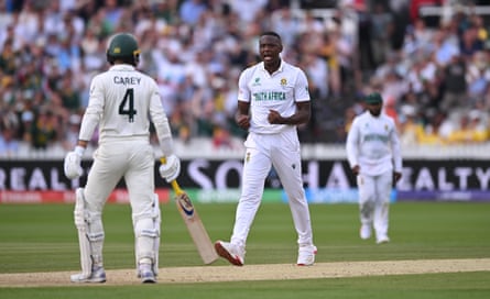 South Africa’s Kagiso Rabada celebrates after dismissing Alex Carey of Australia