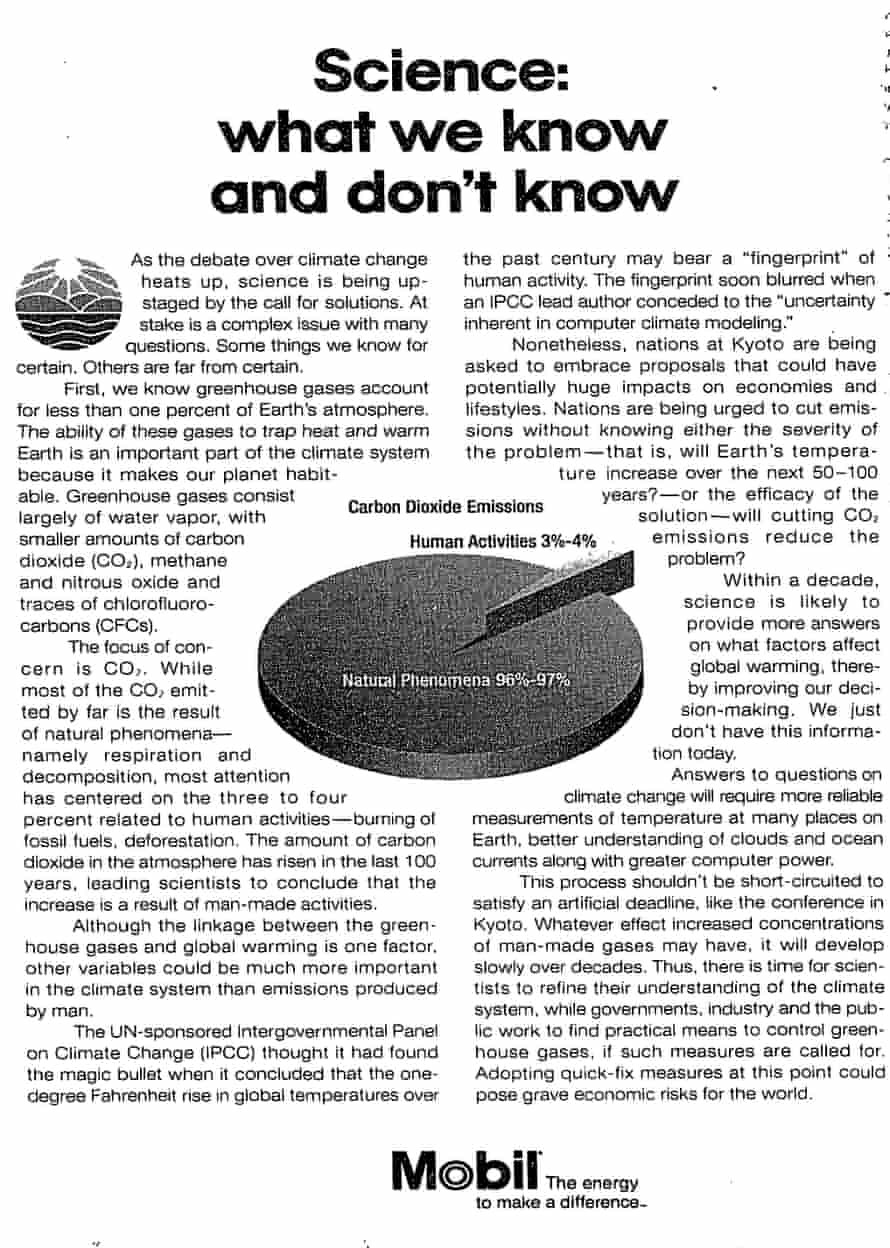 New York Times 1997 ad from Mobil: "What we don't know"
