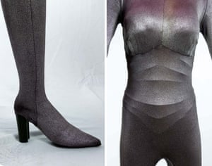 Details from Seven of Nine’s costume. The silver catsuit was created from surgical tubing, creating a look halfway between Borg and human clothing.