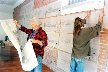 Donald Judd with Jeff Kopie in his Marfa architecture office in 1993.