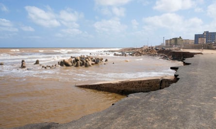 A damaged road in Derna