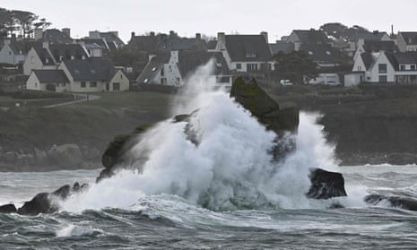 This photograph shows waves crashing on rocks in Porspoder, western France.