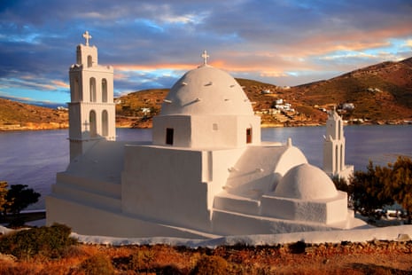 Booking for destinations such as Greece pick up from October. Byzantine church of Agia Irene on the island of Ios.